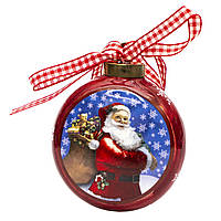 Елочная игрушка плоский шар на подвеске с рисунком Деда Мороза, 7,5 см, красный, керамика (000616-3)