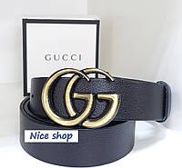 Ремень Gucci кожаный черный с золотой матовой пряжкой, 3.7см