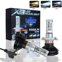 Лампа LED H4 радиатор 6000Lm "LumiLeds" X3 /Philips ZES/50W/6000K(пленки в к-те)/IP67/9-32v (2шт)