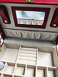 Скринька скриня для прикрас, більша червона шкіряна Стильна скринька валізка для прикрас із дзеркалом, фото 4