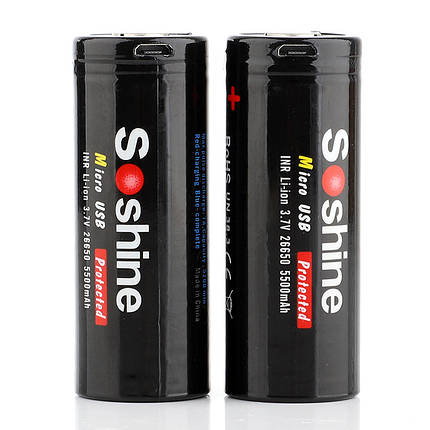 Аккумулятор 26650 Li-Ion Soshine 26650USB-3.7-5500, microUSB, 5500mAh, 5A, 4.2/3.6/2.75V, фото 3