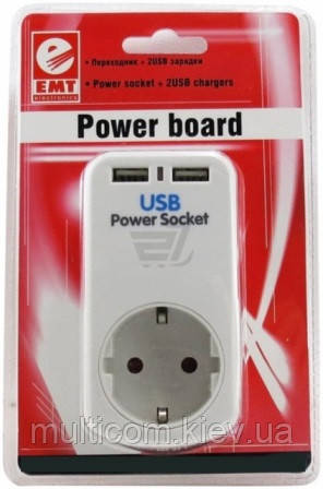 02-04-071. Перехідник мережевий Євро вилка/розетка + 2 гнізда USB
