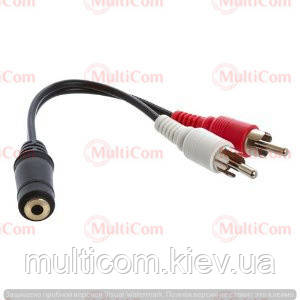 02-00-056. Перехідник гніздо 3,5 стерео - 2 штекера RCA, зі шнуром 20см, фото 1