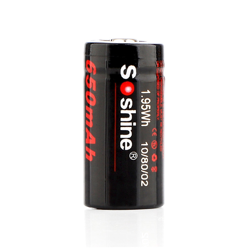 Акумулятор 16340/CR123 Li-Ion Soshine 16340-3.0-650 Button Top, 650 mAh, 3.0V, Black, фото 1