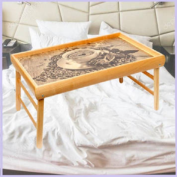 Дерев'яний столик для сніданку в ліжко, Складаний міні столик для сніданку в ліжку BST бежевий 52х32 см Кава і квітка
