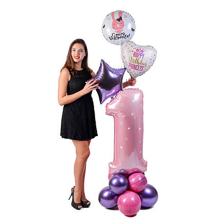 Цифра 1 розовая на подставке с декором звезды и гелиевыми шариками, фото 2