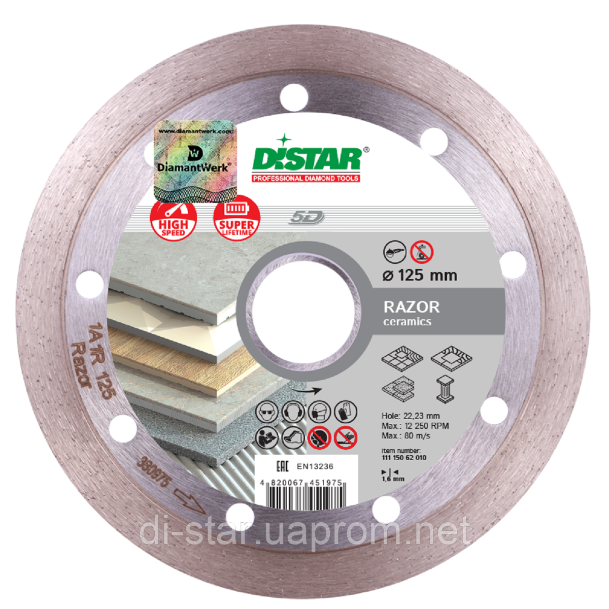 Круг алмазний Distar 1A1R Razor 125 мм — відрізний диск для різання керамограніту та керамічної плитки на КШМ