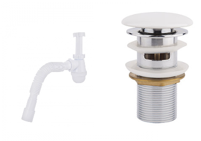 Сифон + Донний клапан для раковини з переливом, колір білий + хром, фото 1