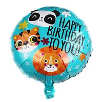 Фольгированный шарик КНР 18" (45 см) Круг Happy Birthday панда, тигр, лев