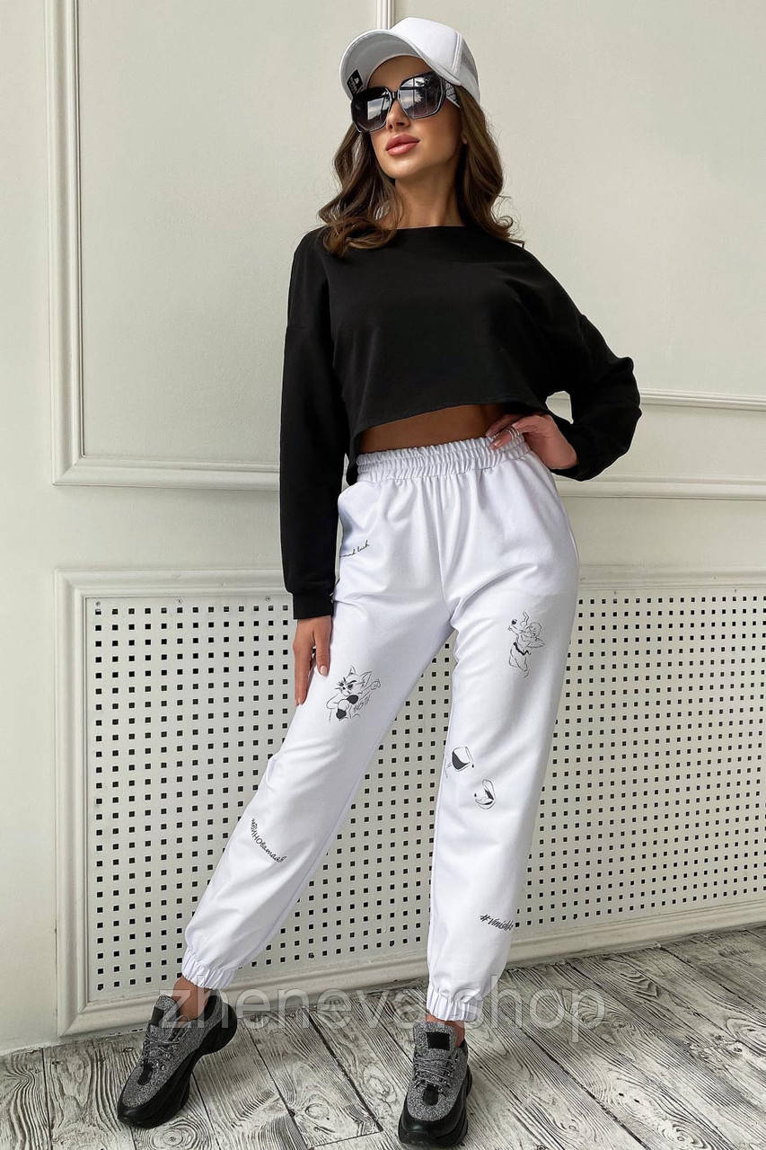 Стильні білі трикотажні жіночі штани з високою талією, розміри S-M, L-XL