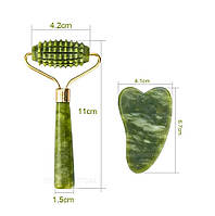 Набор скребок ГуаШа и Односторонний с зубчиками Нефритовый роллер для лица. Массажер для лица и тела.