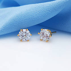 Сережки-цвяшки, гранований цирконій, 7мм*7мм, медзолото, 18К