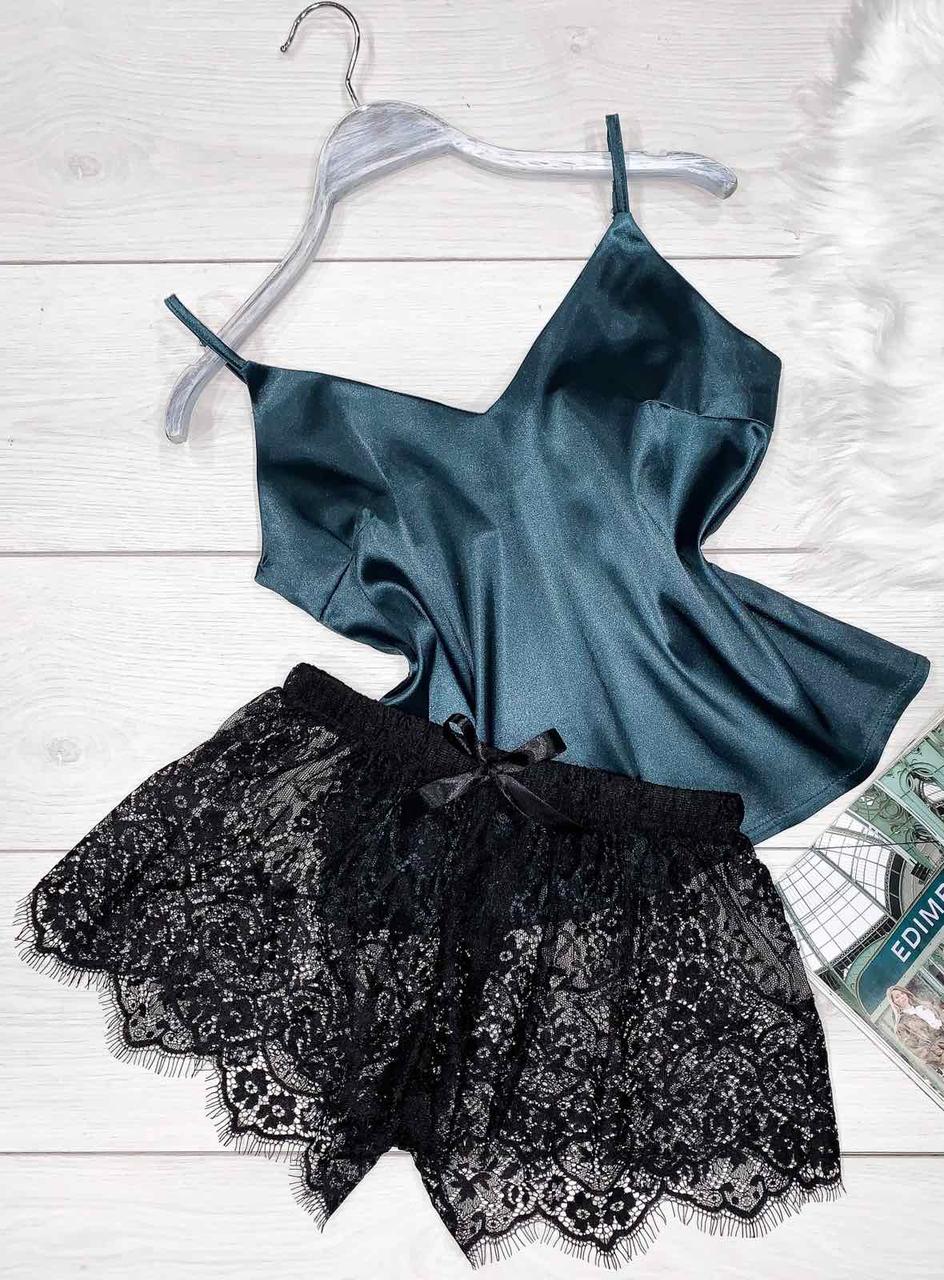 Модний комплект для дому атласна майка + шорти з мереживом.