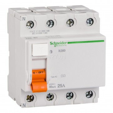 Диференційне реле Schneider Electric Домовий(ВД63) 4p 25A 30mA 11460