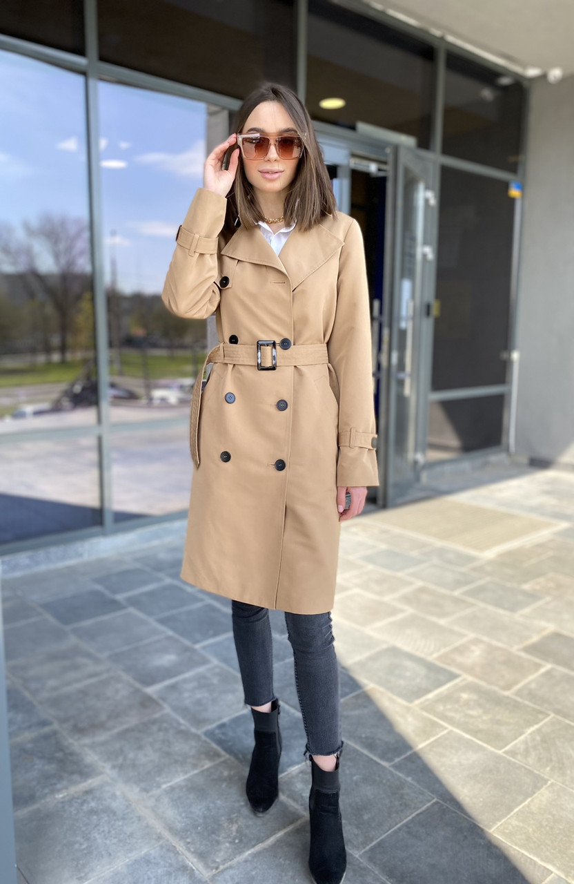 Бежевий тренч жіночий з лацканами і поясом 40-50, фото 1