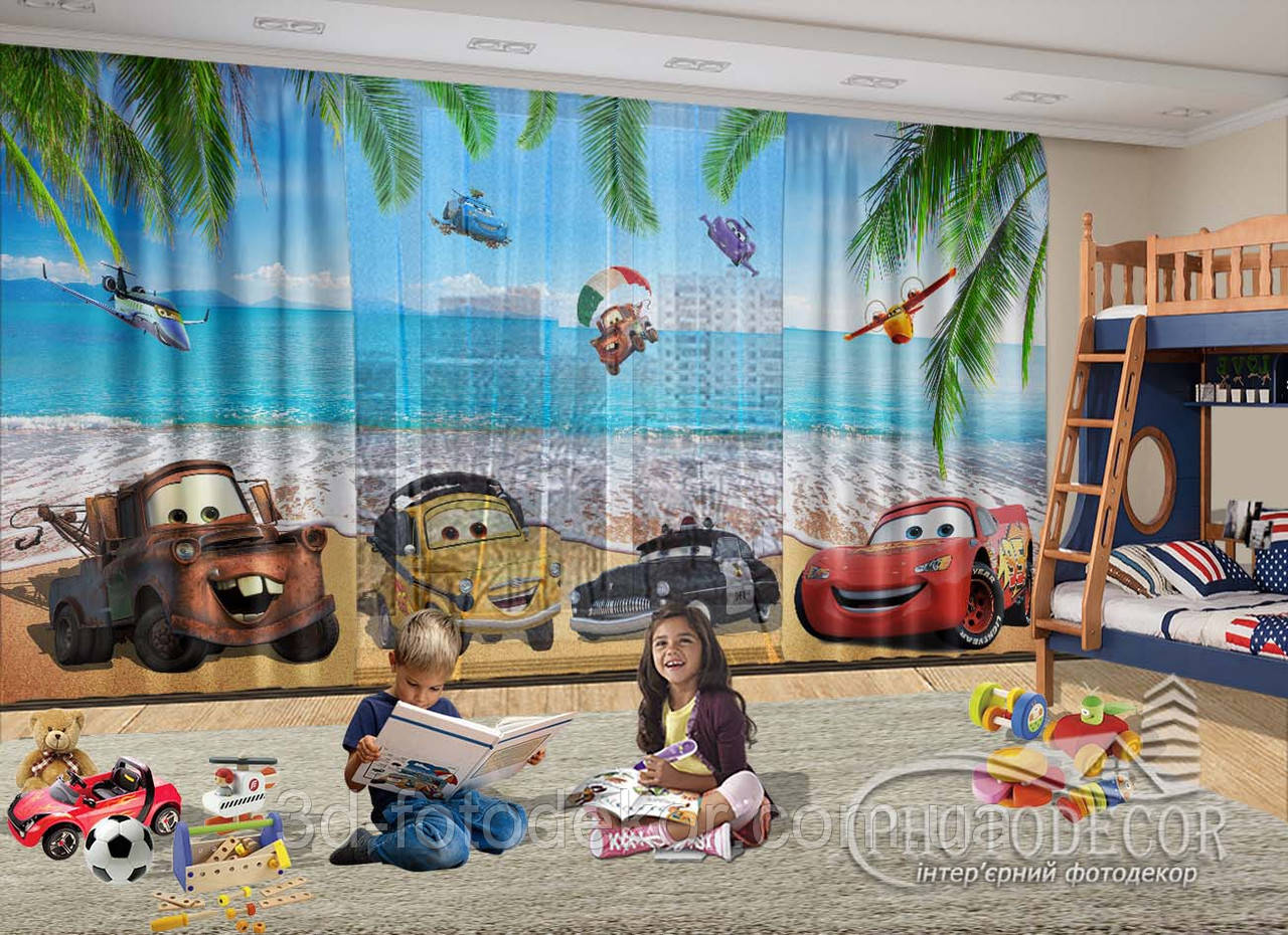 3D - Фото Штори і тюль "Тачки. Маквін на морі" - будь-який розмір. Читаємо опис!