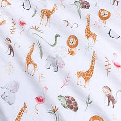 Муслін в квадратики "Жирафи та інші звірі" на білому, ширина 160 см