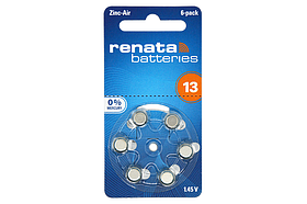 Батарейки для слухових апаратів RENATA ZA13 (PR48) PR13D6A в уп 6 шт Повітряно-цинковий