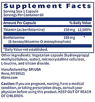Klaire BENFOTIAMINE / Бенфотіамін Вітамін Б1 60 капс. Придатний до 12.2025. BX242, фото 3