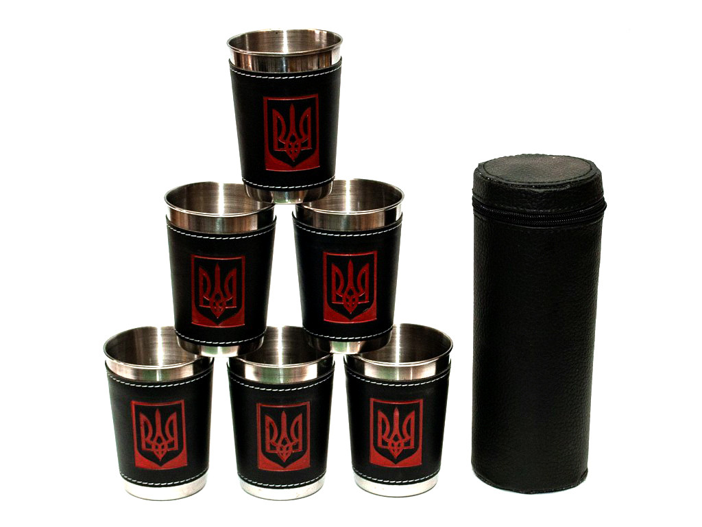 Набір 6 шт металевих чарок з гербом України 150 мл чарка з нержавіючої сталі в чохлі, фото 1