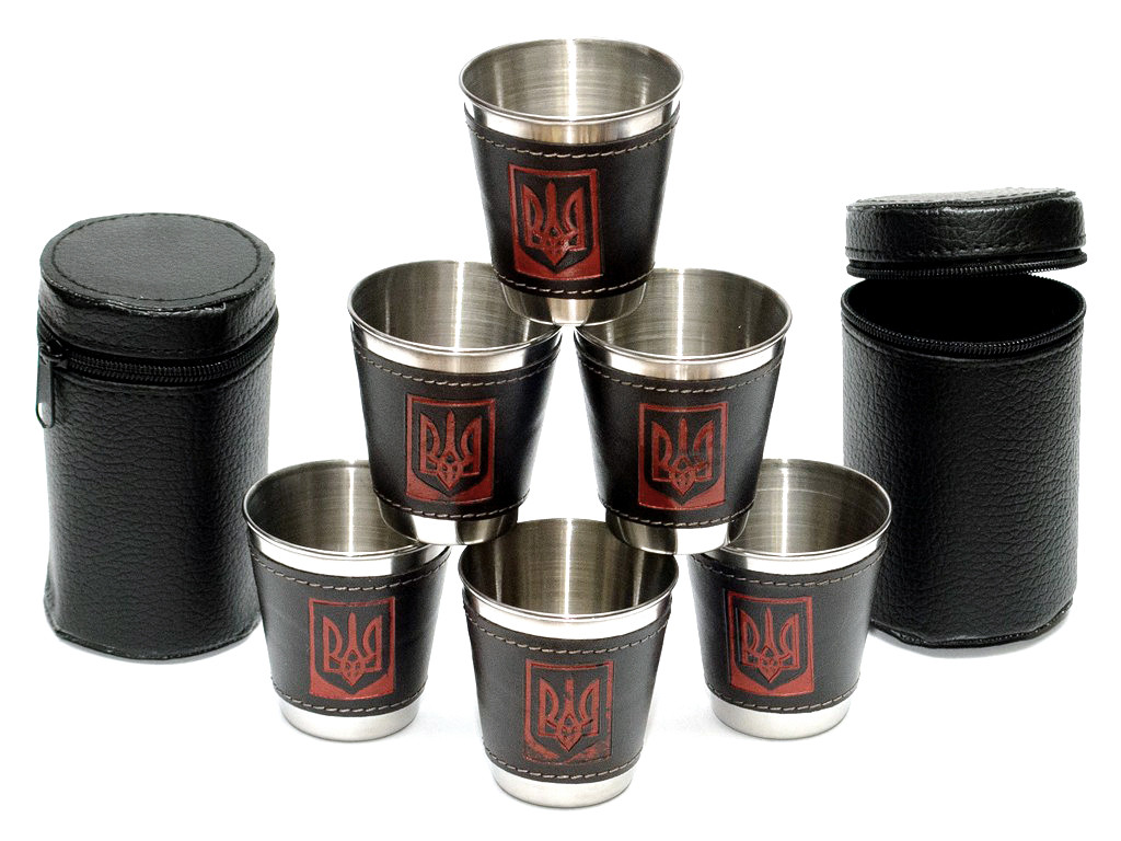 Набір 6 шт металевих чарок з гербом України 70 мл чарка з нержавіючої сталі в чохлі, фото 1