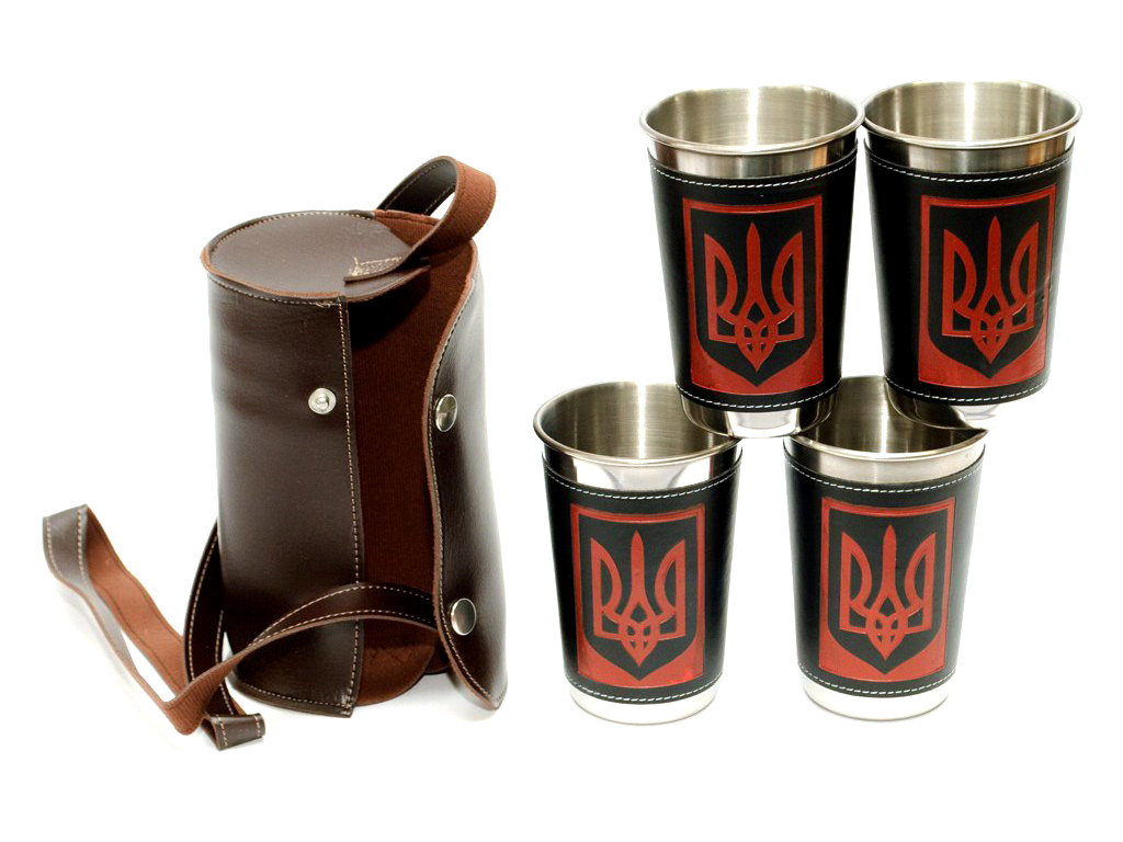 Набор 4 шт металлических стаканов с гербом Украины 400 мл рюмка из нержавеющей стали в чехле - фото 1 - id-p1407154036