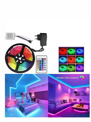 Гнучка кольоровий RGB LED світлодіодна стрічка SMD 5050 RGB 5м з пультом і блоком живлення, фото 2