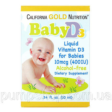 Вітамін D3 для дітей у краплях California Gold Nutrition Vitamin D3 400UI 10 мл (300 порц.), фото 1