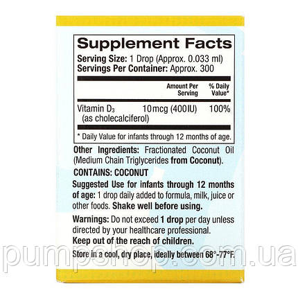 Вітамін D3 для дітей у краплях California Gold Nutrition Vitamin D3 400UI 10 мл (300 порц.), фото 3