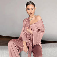 Пижама женская атласная с поясом. Комплект шелковый для дома, сна с длинным рукавом, р. M (розовый)