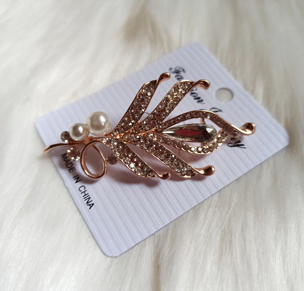 Брошка перо Колір золото Металевий сплав Прозорі стрази Намистини 7.0 см x 3.5 см