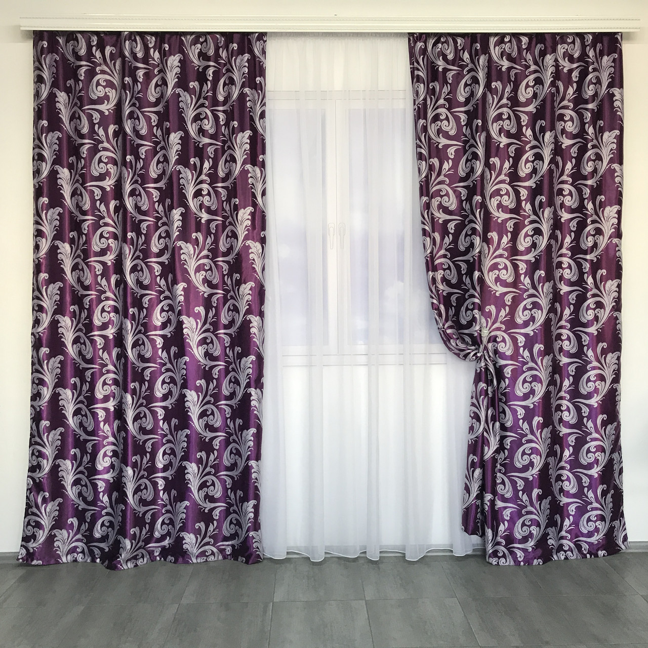 Штори велюр блекаут вензель фіолетові з білим шифоновим тюлем ALBO (SHTN-202-18), фото 1