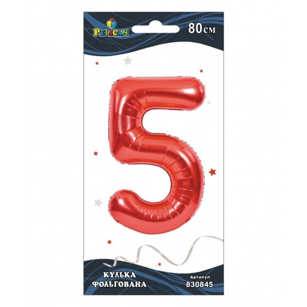 Кулька повітр. фольгована "Цифра-5" 80см червона №830845/Pelican/(1), фото 1