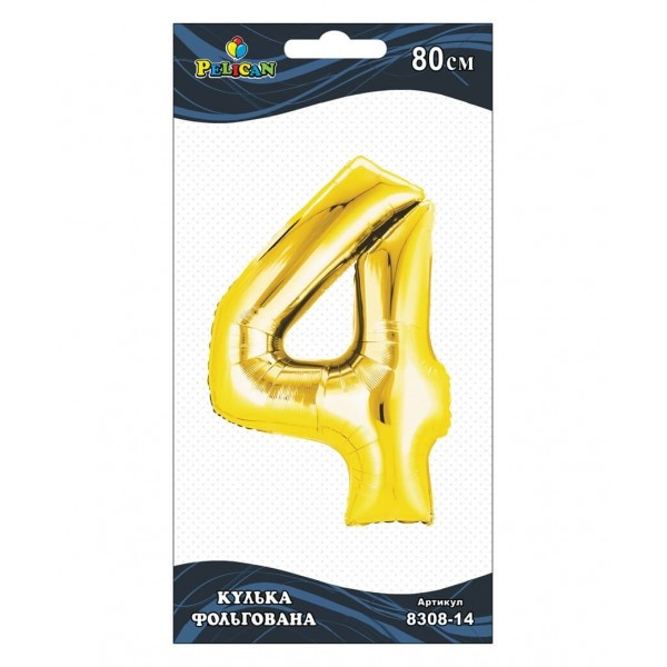 Кулька повітр. фольгована "Цифра-4" 80см золото №830814/Pelican/(1)(5), фото 1