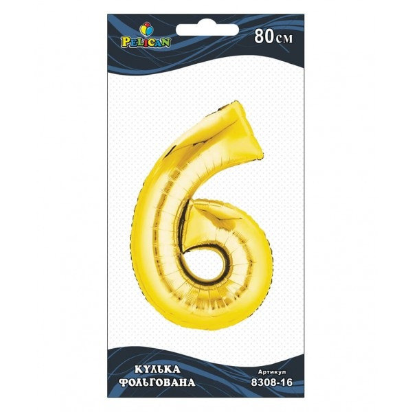 Кулька повітр. фольгована "Цифра-6" 80см золото №830816/Pelican/(1), фото 1