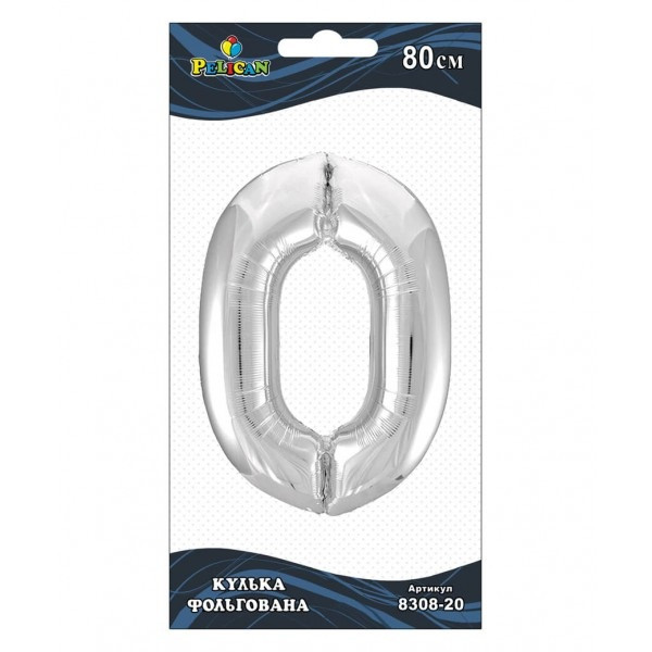 Кулька повітр. фольгована "Цифра-0" 80см срібло №830820/Pelican/(1), фото 1