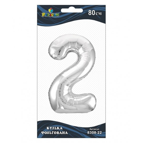 Кулька повітр. фольгована "Цифра-2" 80см срібло №830822/Pelican/(1), фото 1