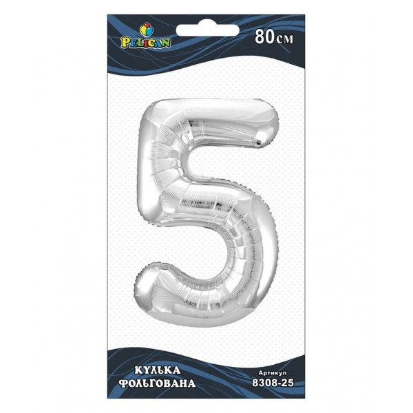 Кулька повітр. фольгована "Цифра-5" 80см срібло №830825/Pelican/(1), фото 1