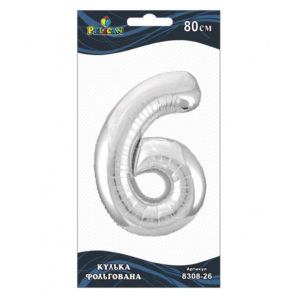 Кулька повітр. фольгована "Цифра-6" 80см срібло №830826/Pelican/(1)(5), фото 1
