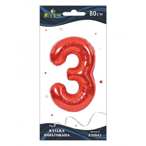Кулька повітр. фольгована "Цифра-3" 80см червона №830843/Pelican/(1), фото 1