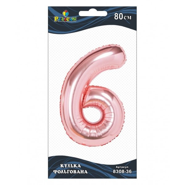 Кулька повітр. фольгована "Цифра-6" 80см рожеве золото №830836/Pelican/(1), фото 1