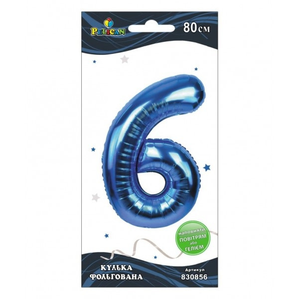 Кулька повітр. фольгована "Цифра-6" 80см синя №830856/Pelican/(1)(5)(20), фото 1