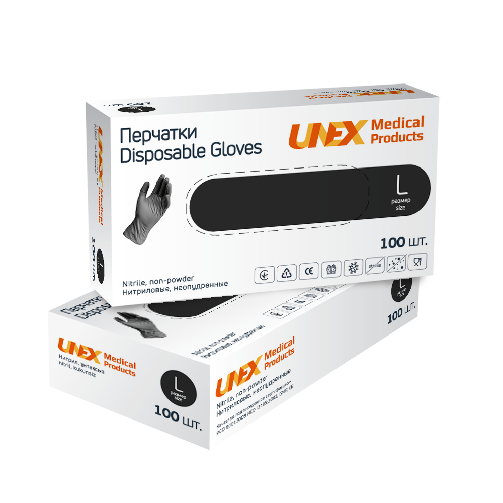 Рукавички нітрилові 3.6 г. Чорні UNEX розмір L 100 шт./уп, фото 1