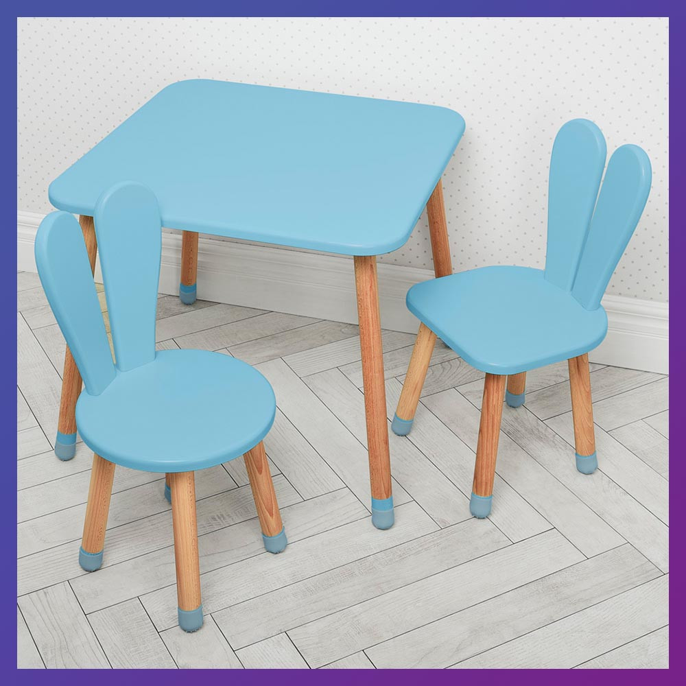 Дитячий дерев'яний столик і 2 стільчики "Зайчик з вушками" 04-025BLAKYTN + 1 блакитний