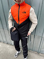 Спортивный костюм мужской The North Face демисезонный осенний оранжевый | Комплект Жилетка + Штаны + Барсетка