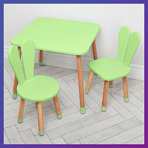 Дитячий дерев'яний столик і 2 стільці "Зайчик з вушками" 04-025G + 1 зелений