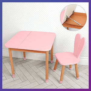 Дитячий дерев'яний столик і стільчик "Зайчик з вушками" 04-025R-BOX рожевий