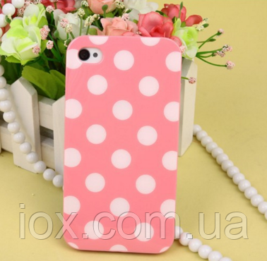 Силіконовий чохол рожевий в білі точки для Iphone 4/4S