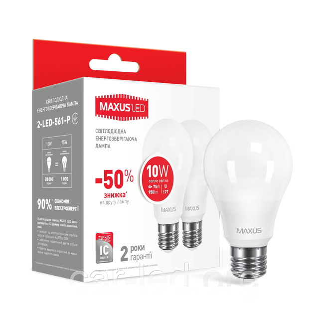 LED лампа Maxus A60 10W 3000K (950Lm) 220V E27. 2-LED-561-01. Акционная упаковка