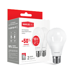 LED лампа Maxus A60 10W 3000K (950Lm) 220V E27. 2-LED-561-01. Акционная упаковка